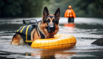 A loyal dog enjoys a swim in a serene river, showcasing vibrant energy while wearing a float.