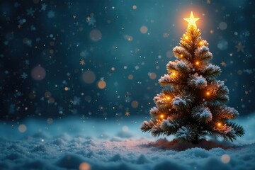 Swirling snowflakes fall gently around a Christmas tree, twinkling lights, christmas tree, festive