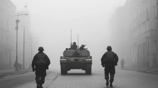 Fototapeta Soldiers patrol foggy city street, tank in background  military operation