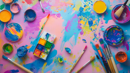 Flat-lay of artista??s workspace with vibrant paints, brushes, and canvas, colorful splashes adding energy and creativity