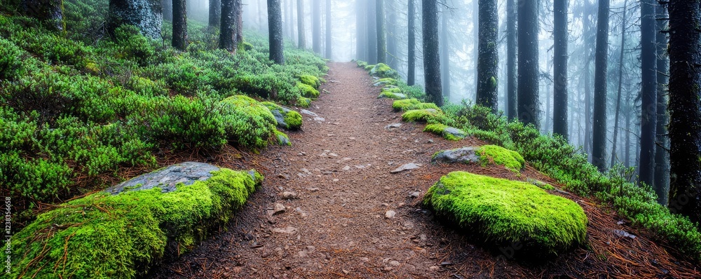 Poster forest pathway nature concept. a serene forest path surrounded by moss-covered stones and tall trees