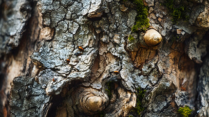 Macro shot of textured tree bark with moss and small insects, intricate details highlighted in sharp focus