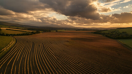 Fototapeta premium Scenic farmland with neatly arranged rows of crops, dramatic clouds and golden light adding depth to the landscape