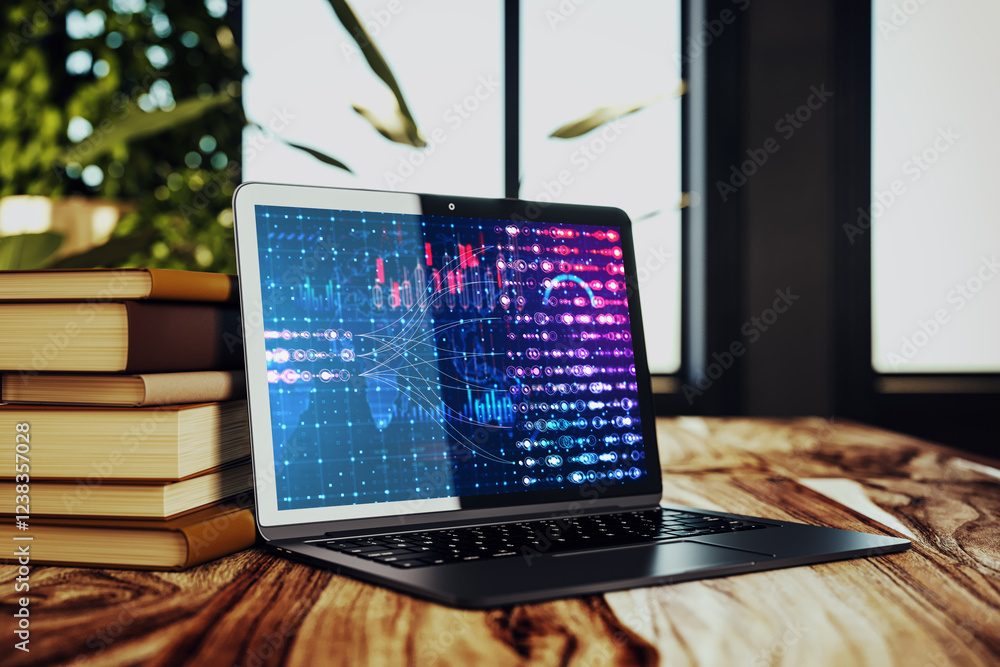 Aufkleber Laptop displaying digital network visualization with books on desk in library space. 3D Rendering