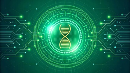 Futuristic Graphic of DNA Helix Surrounded by Circuit Patterns and Neon Glow Effects