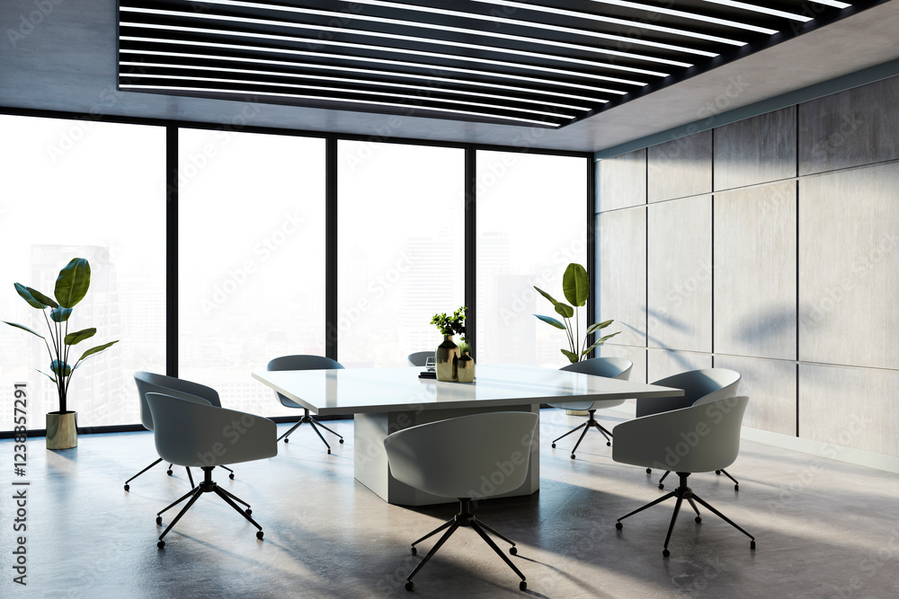 Poster Modern conference room with large windows and minimalist design. 3D Rendering