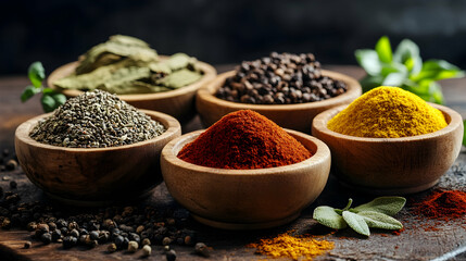 Still life of assorted spices and herbs in wooden bowls on a rustic table, vibrant colors creating a rich and aromatic composition