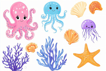 vector illustration sticker set of a friendly octopus, a coral reef, a seashell, a jellyfish, a starfish, all in kawaii style, isolated on white