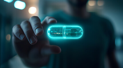 futuristic health concept featuring glowing capsule held by person, symbolizing advanced medical technology and innovation. scene evokes sense of hope and progress in healthcare