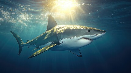 Fototapeta premium Great White Shark Swimming Beneath Sunlit Ocean Waters