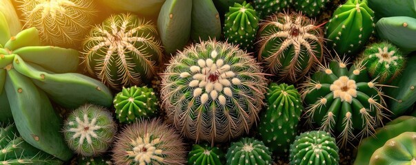 Fototapeta premium Cactus garden nature idea. Collection of diverse cacti showcasing unique shapes and textures in natural sunlight.