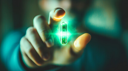 man presenting glowing green and white pill, showcasing its vibrant light. scene captures sense of intrigue and innovation, emphasizing pill unique appearance