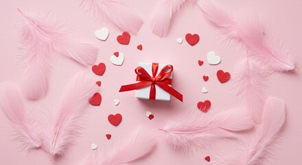 Whimsical overhead of pastel pink feathers, scattered hearts, and a small white gift box31