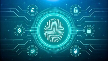 Fototapeta premium Secure Digital Identity Concept with Fingerprint and Currency Symbols in Futuristic Blue Design
