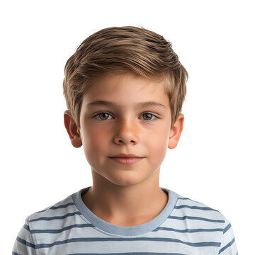 Caucasian boy with cowlick and striped shirt isolated on transparent white background