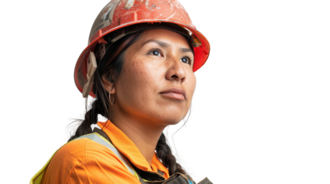 Confident female construction worker wearing hard hat and safety vest on transparent background