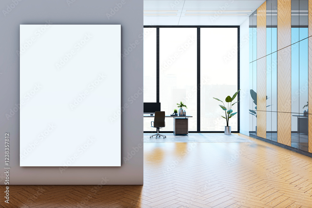 Aufkleber modern office interior with large vertical canvas on a wall and workspace in the background. 3d rend
