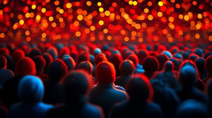 Crowd of people watching a stage with red lights