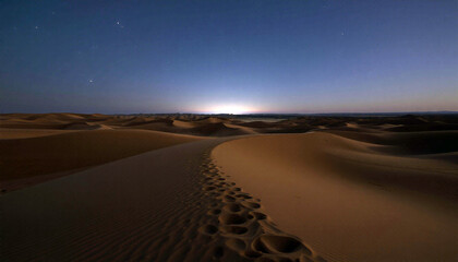 Fototapeta premium desert dunes at night with stars and crescent moon, colorful sky, photorealistic 