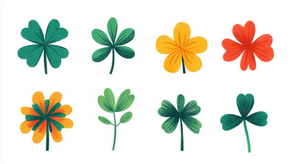 Fototapeta premium Artistic Illustration of Clover Leaves in Green, Orange, and Yellow on Minimal White Background
