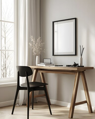 A white wall with a wooden desk and chair, a window on the left side, a modern interior design, a blank picture frame hanging above the table, a mockup style, minimalistic, a close-up shot of 