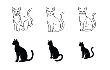 Cute Cat Silhouettes in Line Art and Solid Black