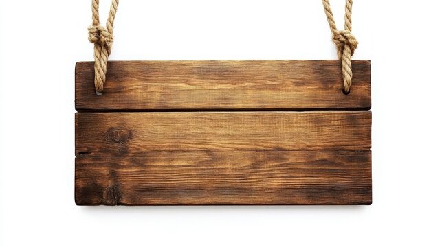 Isolated Wooden Sign with Ropes on a White Background, Perfect for Custom Messages, Promotions, or Directional Guidance