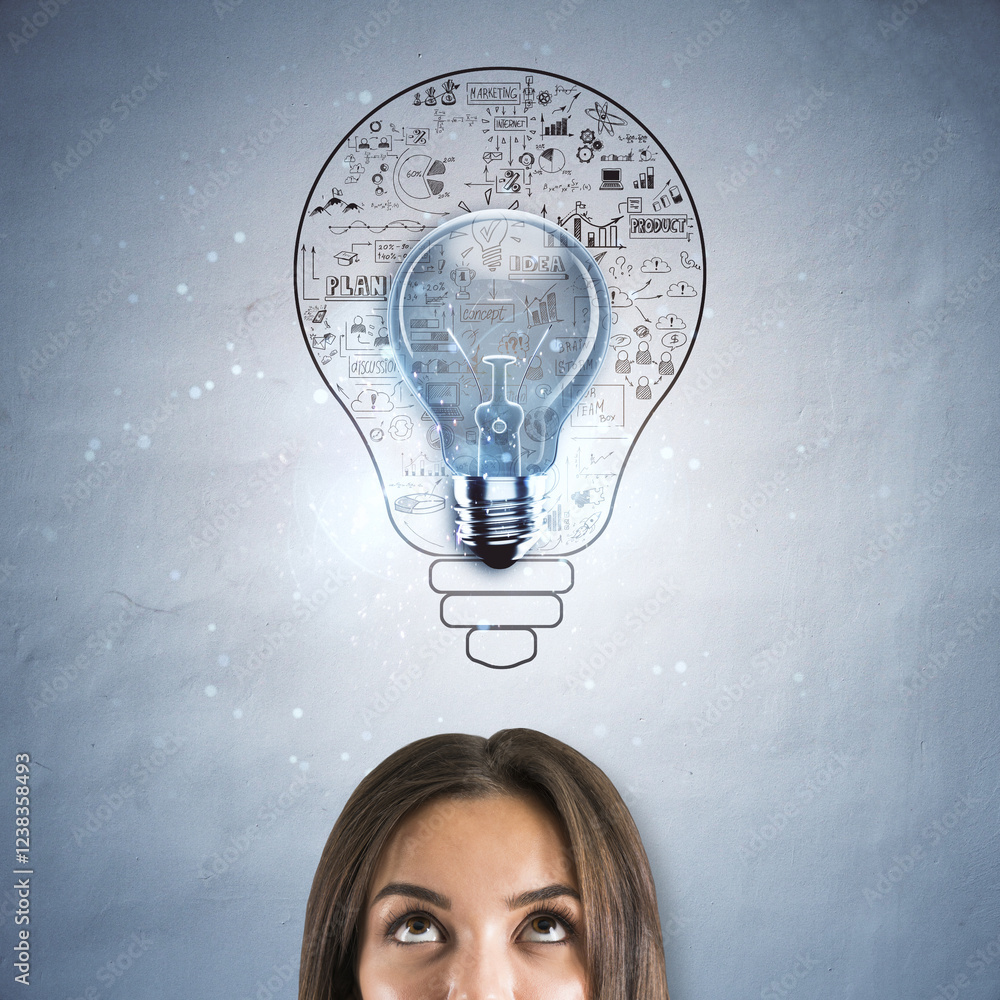 Poster creative concept of a woman looking at a lightbulb symbol with business sketches in the background.