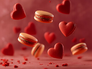 Fototapeta premium Floating heart shaped macarons in midair create whimsical scene. vibrant red and golden colors evoke sense of joy and celebration, perfect for special occasions