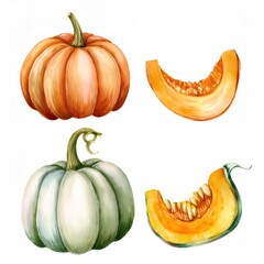 Watercolor painting featuring whole, halved pumpkins with warm orange tones, representing seasonal autumn harvest