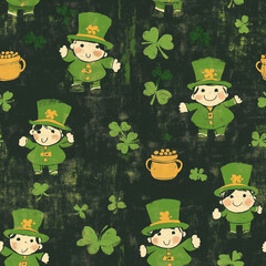 Cute Saint Patrick’s Day Pattern with Leprechauns, Shamrocks, and Pots of Gold on a Textured Dark Background