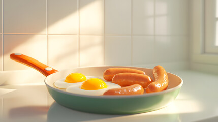 Frying pan with glossy sausages and sunny side up eggs in bright kitchen. warm light creates cheerful atmosphere, perfect for delicious breakfast