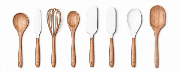 Arrangement of Essential Kitchen Utensils including Whisks Spatulas Ladles and Other Wooden Cooking Tools on a Minimalist Tabletop Background