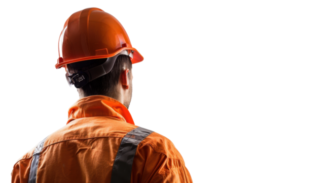 Construction worker wearing orange jumpsuit and hard hat looking away on transparent background