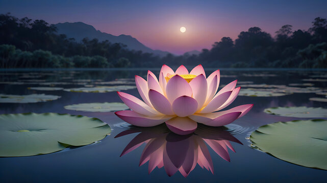 A glowing lotus flower floating on still water under a twilight sky, with gentle ripples radiating outward, creating a sense of calm and harmony