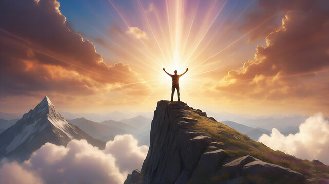 A lone figure standing triumphantly on a mountain peak, arms raised toward a radiant sunrise, symbolizing accomplishment and perseverance - Powered by Adobe