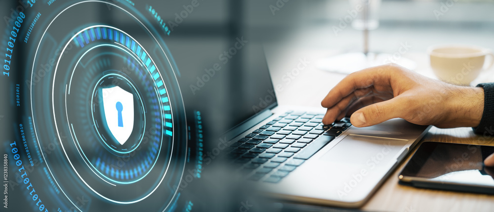 Aufkleber Digital secure access concept with shield icon on a holographic interface and a person using a laptop.