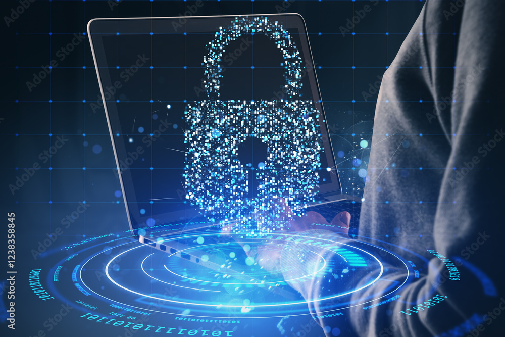 Poster digital padlock hologram over laptop keyboard symbolizing cybersecurity and data protection on a fut