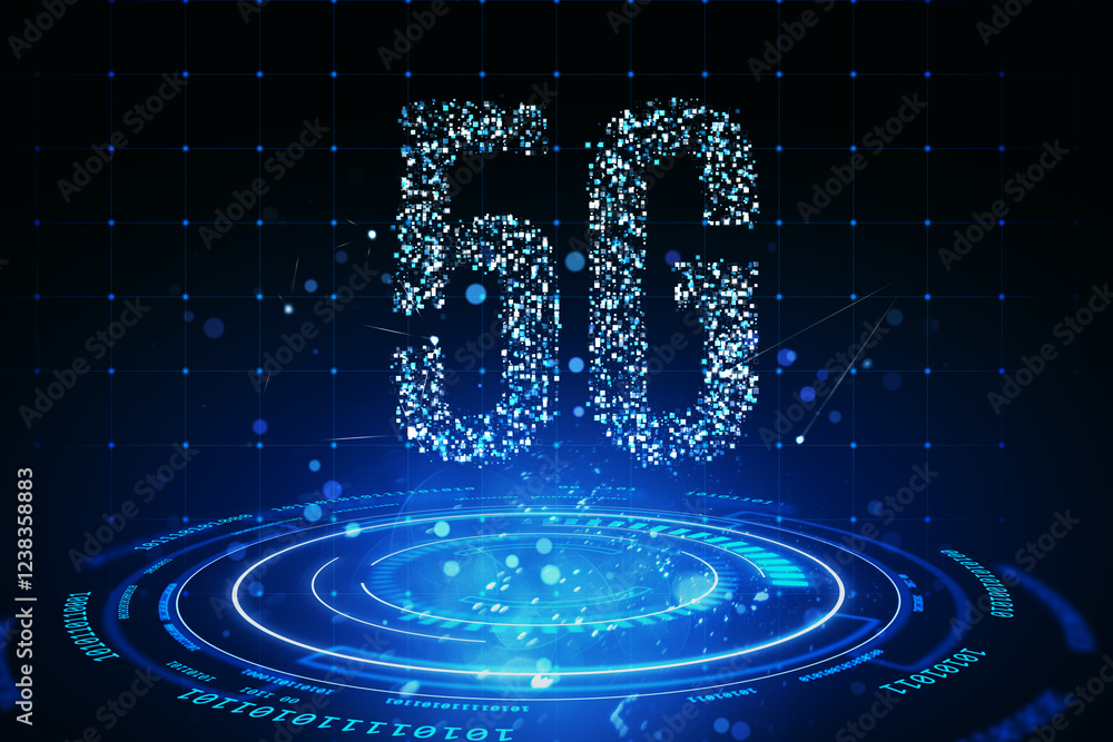 Poster 5g glowing digital design in blue light with cyber grid background. 3d rendering