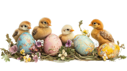 Four baby chickens sitting on decorated easter eggs in transparent background