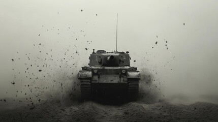 Fototapeta premium Tank advancing through dust cloud, battlefield, war, military power