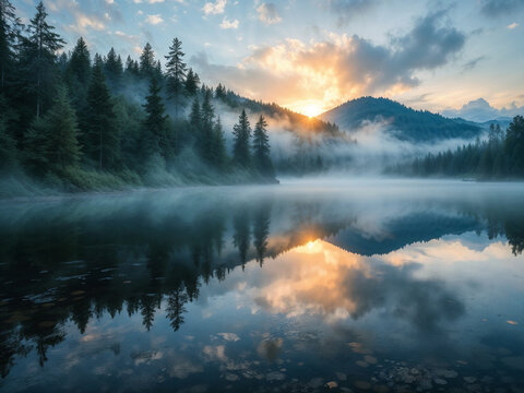Mountains reflect on misty lake at sunrise creating peaceful nature scenery