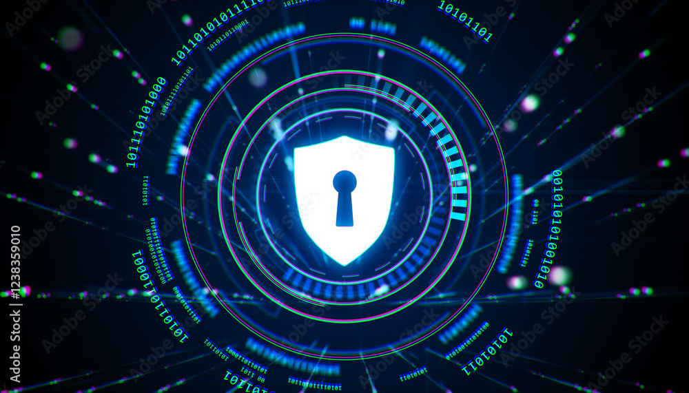Fototapete Neon glowing shield with keyhole surrounded by digital binary code and circular design. 3D Rendering
