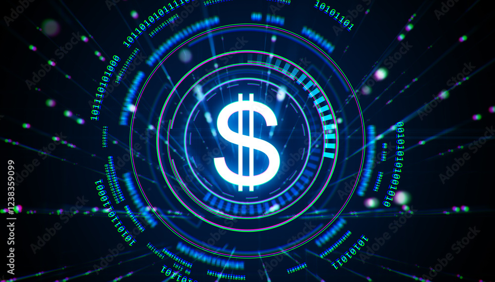 Poster Glowing USD Dollar Symbol with Binary Code on Futuristic Digital Background. 3D Rendering