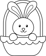 Easter bunny sitting in basket outline.
Picnic basket with rabbit coloring page.
Easter holiday element design.
Transparent background.