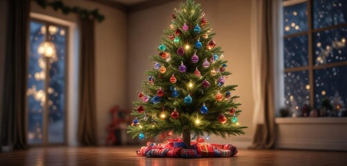 Tall Christmas tree with brightly colored lights and ornaments, pinecone accents, festive decorations