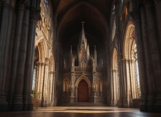Fototapeta premium Tall church with a grand entrance and imposing facade , facade, arches