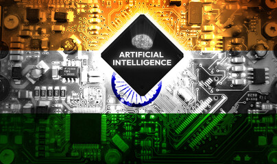 Artificial intelligence in India concept with flag on the chip board, technology and future concept...