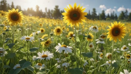 Obraz premium Tall daisies and sunflowers swaying gently in a breezy meadow, cheerful garden, wheat field with flowers, sunny meadows
