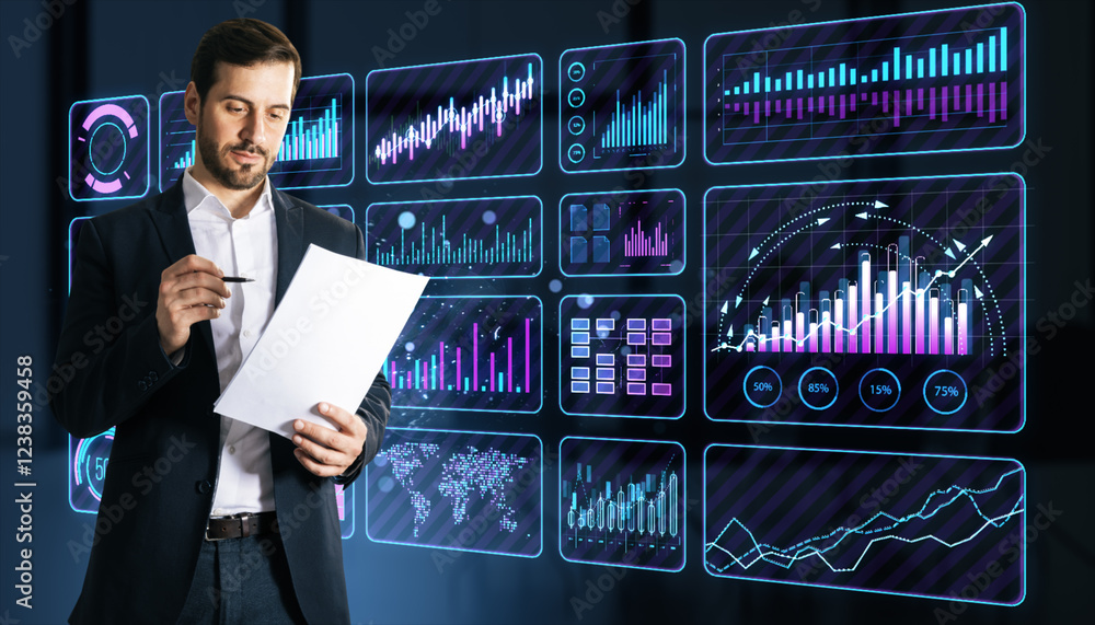 Poster businessman reviewing documents in a modern office with digital financial charts on a futuristic int